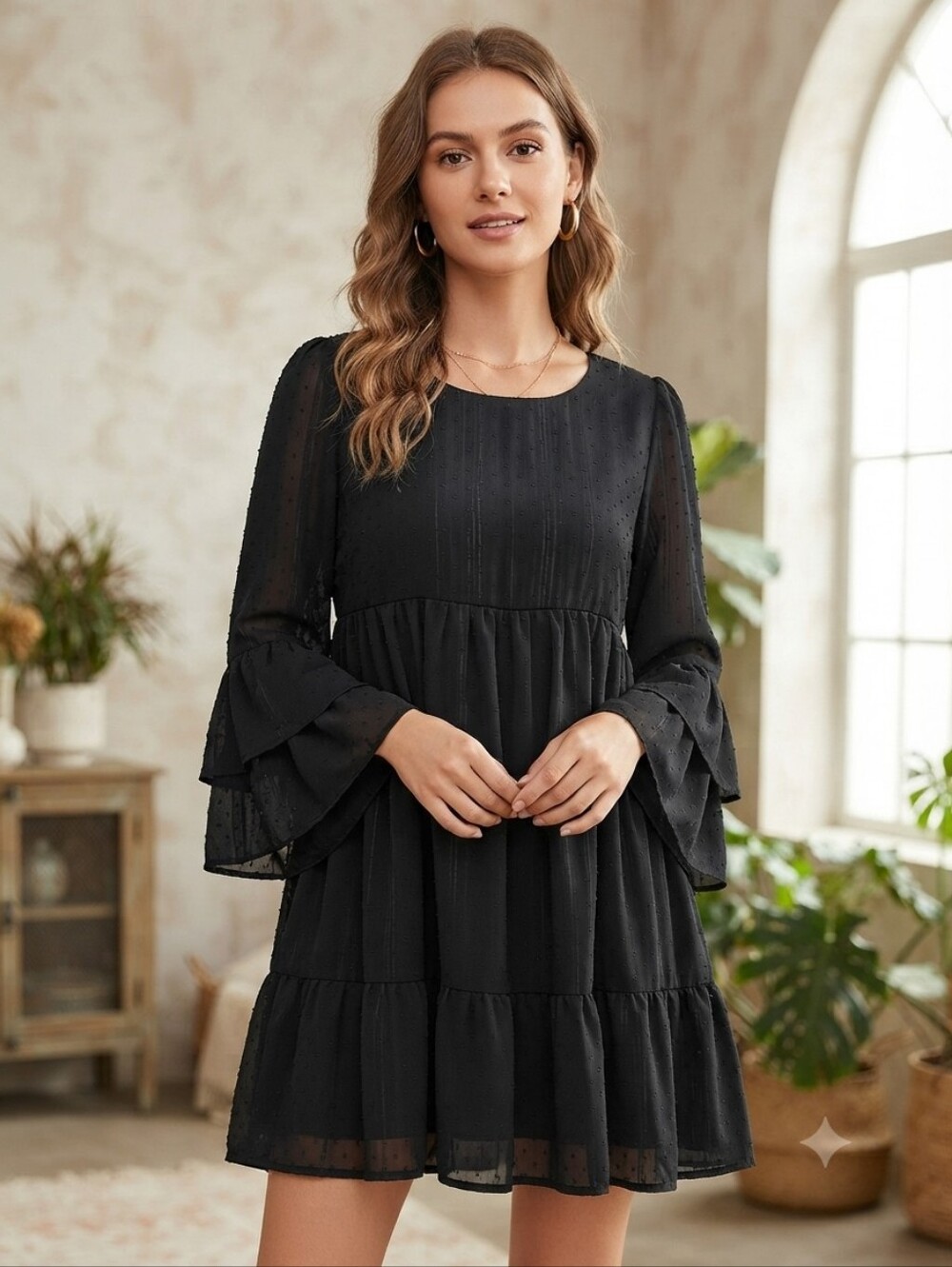 Altar'd State Black Sheer Metalic Chiffon Mini Dress L Tiered Ruffle Bell Sleeve